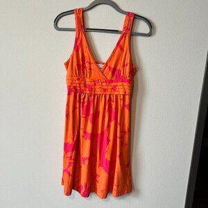 Y2K American Eagle Outfitters Floral Vibrant Pink and Orange V Neck Dress Size S